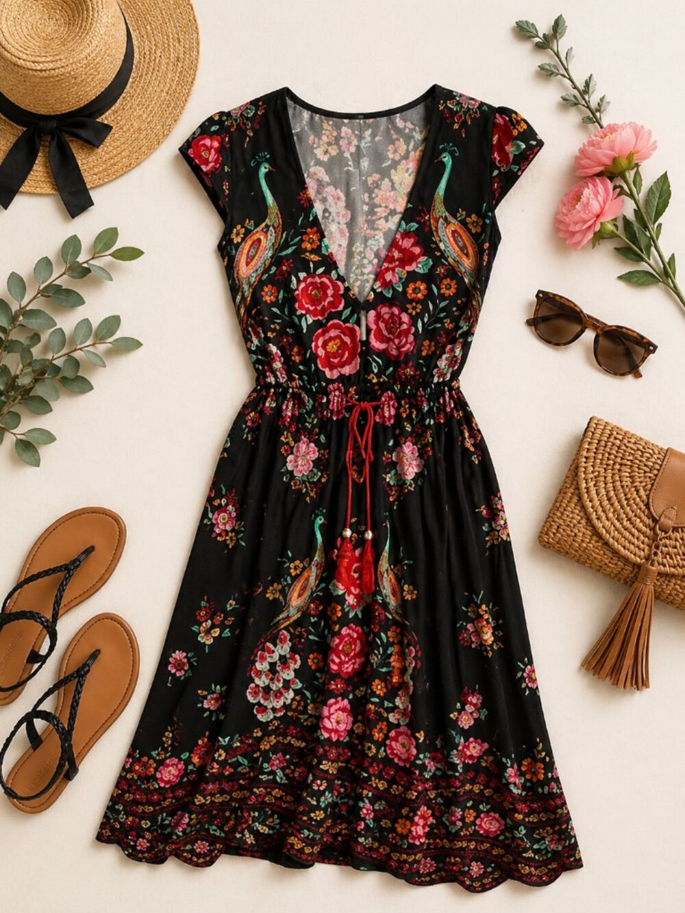 Boho Peacock Floral Dress Black Tassel Tie Waist Flowy Size S